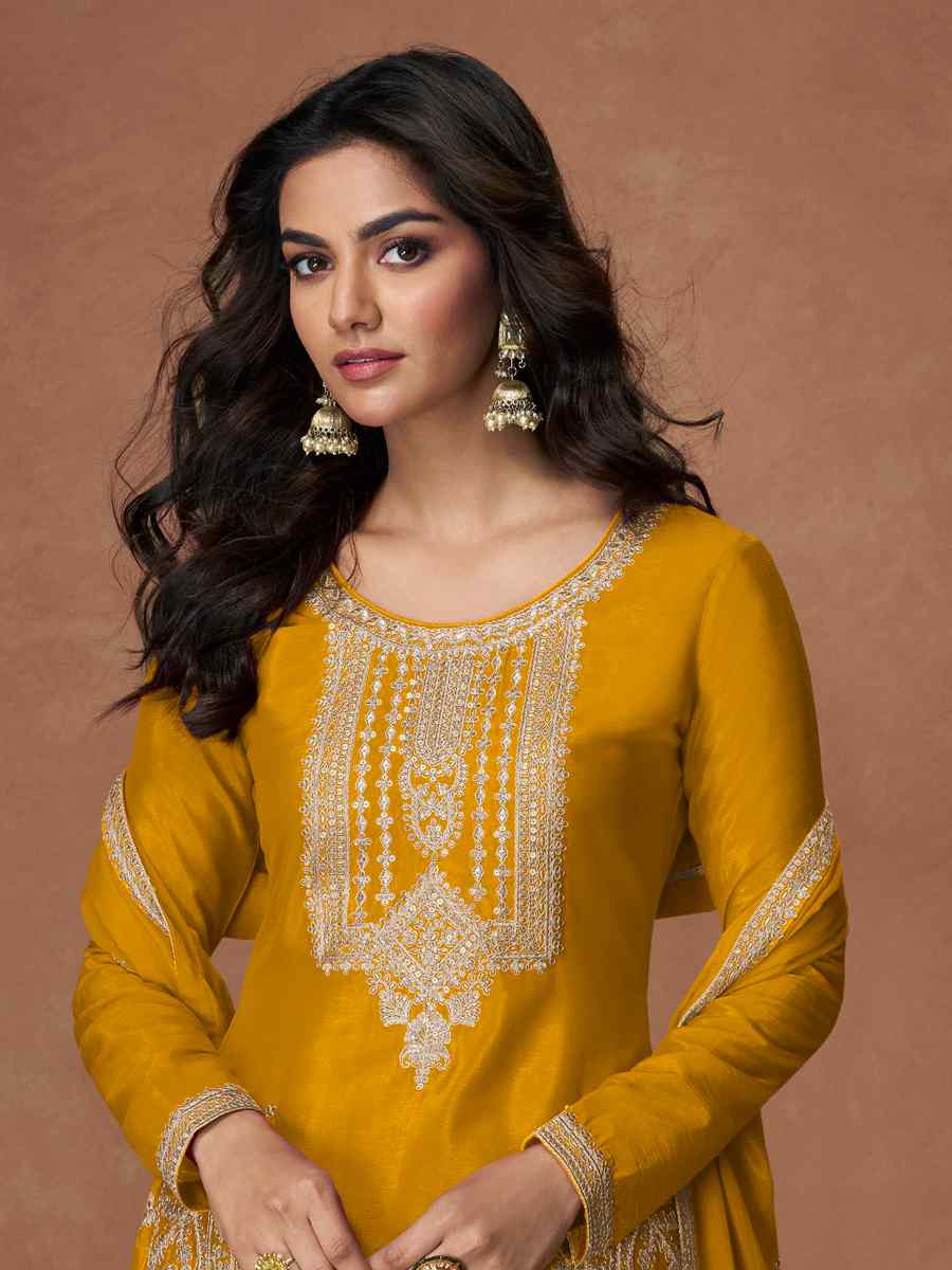 Yellow Premium Chinon Silk Embroidery Party Wedding Festival Casual Ready Palazzo Pant Salwar Kameez