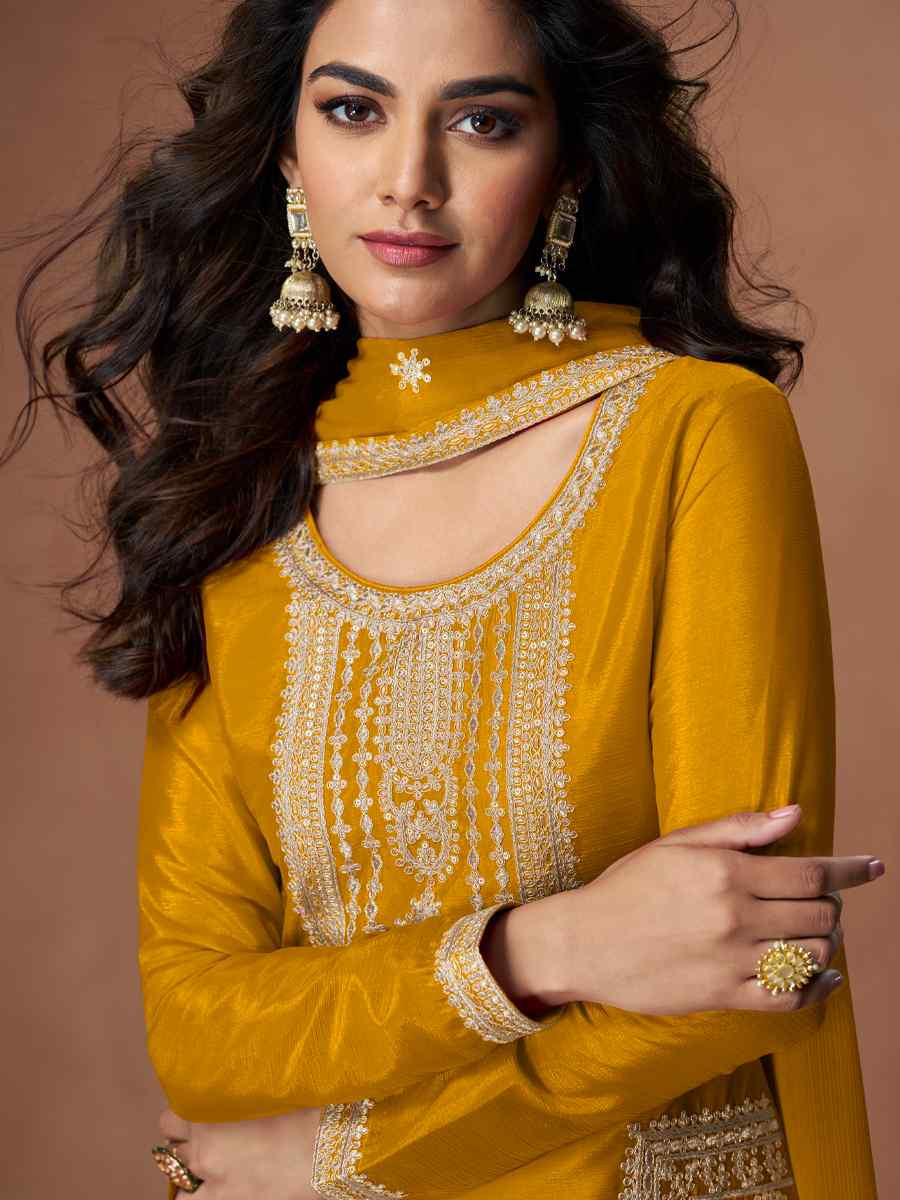 Yellow Premium Chinon Silk Embroidery Party Wedding Festival Casual Ready Palazzo Pant Salwar Kameez