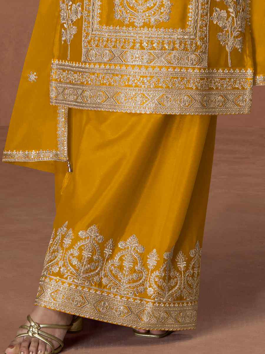 Yellow Premium Chinon Silk Embroidery Party Wedding Festival Casual Ready Palazzo Pant Salwar Kameez