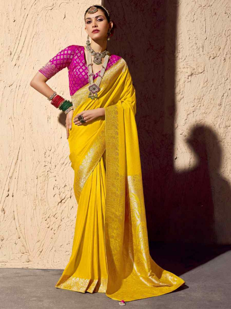Image of Yellow Premium Crepe Georgette Handwoven Traditional Bridal Reception Festival Wedding Fancy Heavy Border Saree