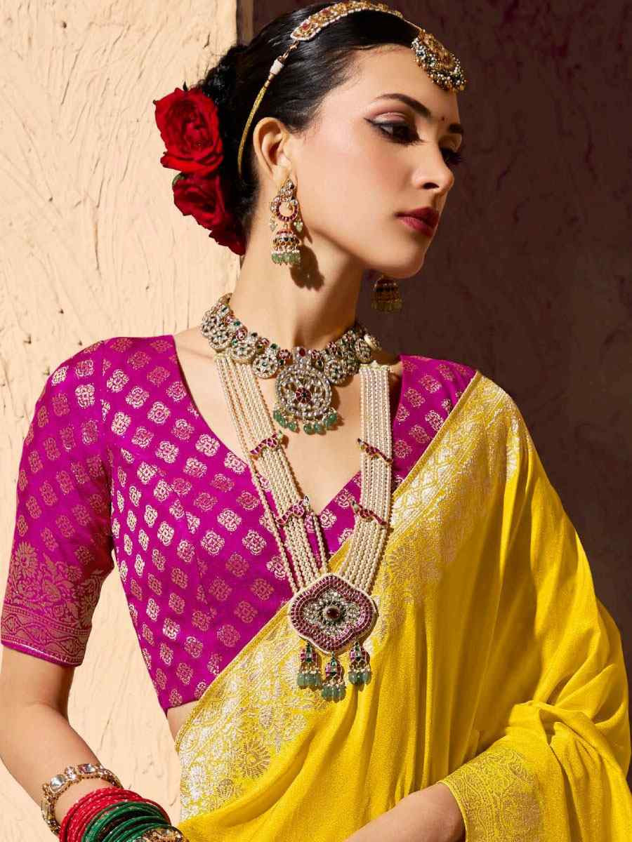 Yellow Premium Crepe Georgette Handwoven Traditional Bridal Reception Festival Wedding Fancy Heavy Border Saree