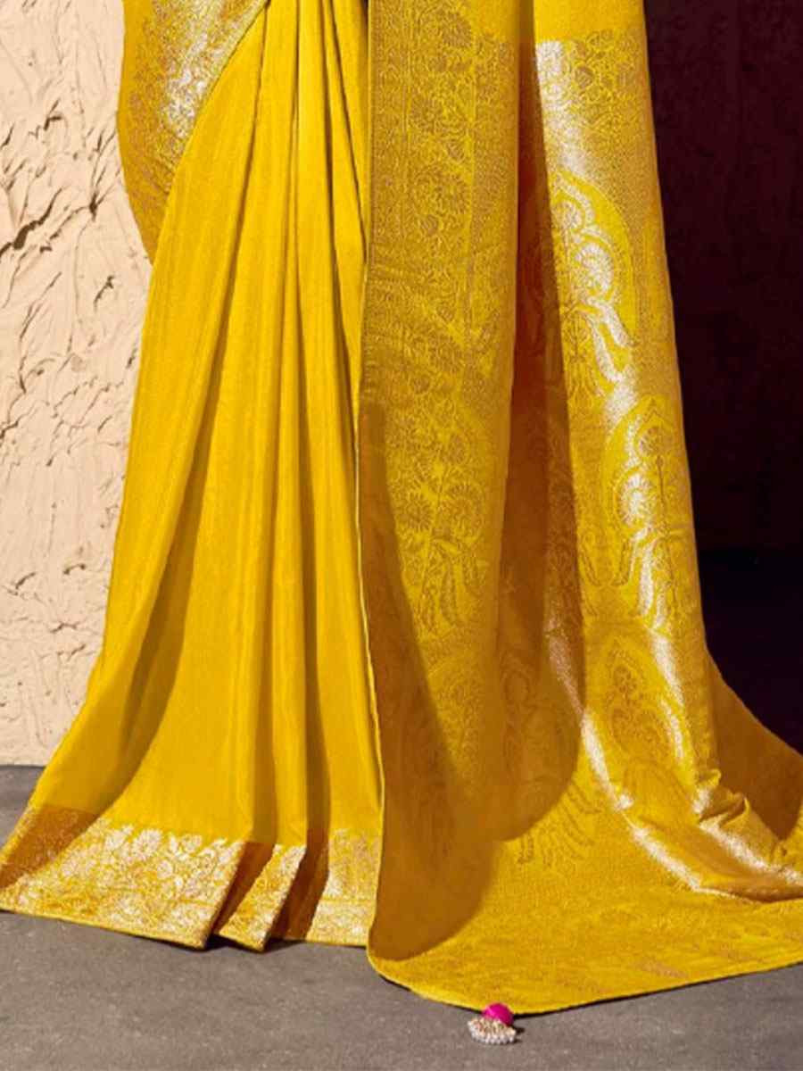 Yellow Premium Crepe Georgette Handwoven Traditional Bridal Reception Festival Wedding Fancy Heavy Border Saree