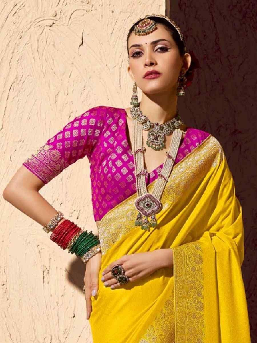 Yellow Premium Crepe Georgette Handwoven Traditional Bridal Reception Festival Wedding Fancy Heavy Border Saree