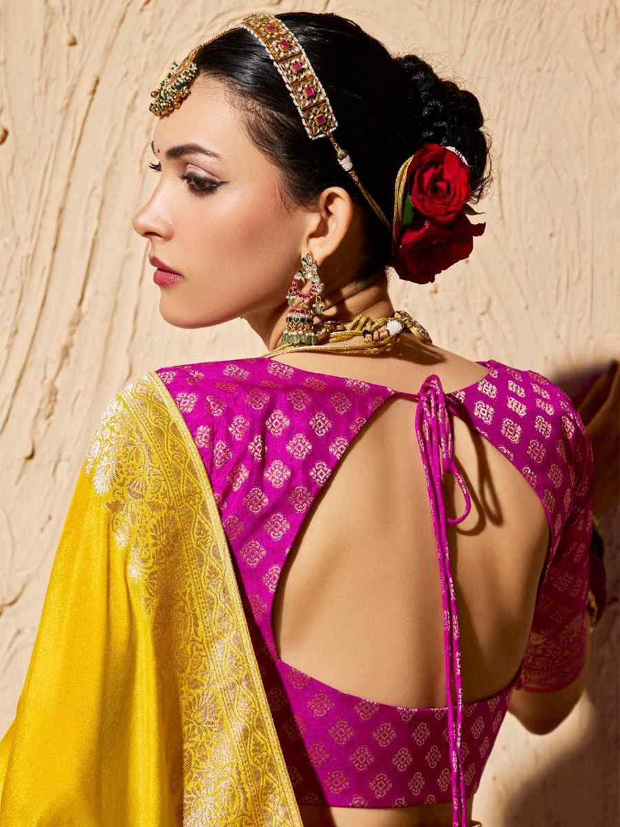 Yellow Premium Crepe Georgette Handwoven Traditional Bridal Reception Festival Wedding Fancy Heavy Border Saree