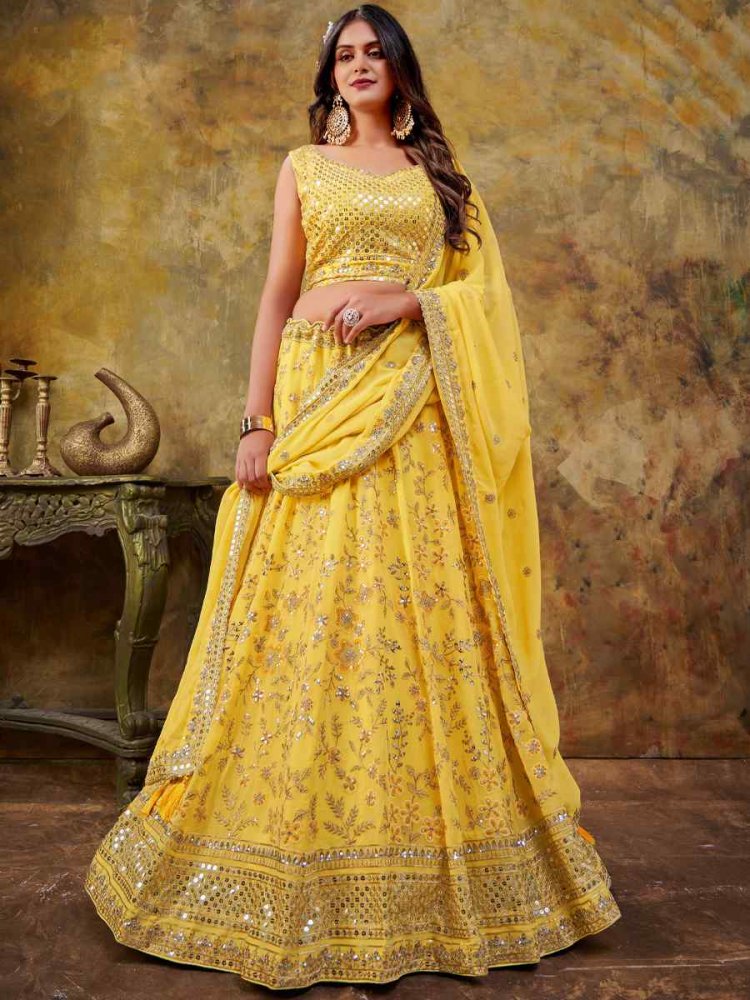 Yellow Premium Georgette Embroidered Bridesmaid Wedding Heavy Border Lehenga Choli