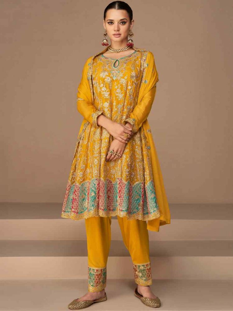 Yellow Premium Georgette Embroidered Festival Wedding Patiala Salwar Kameez