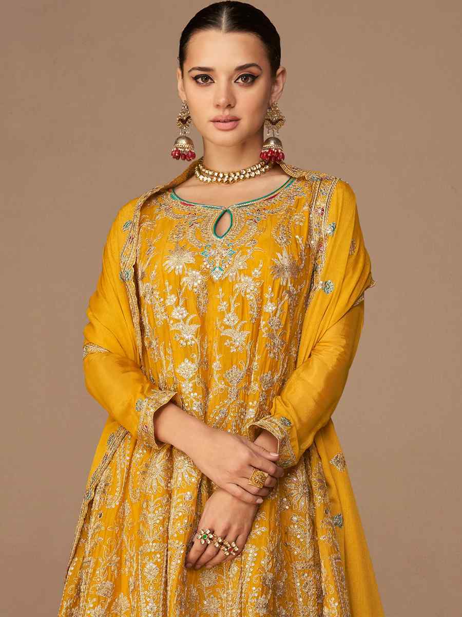 Yellow Premium Georgette Embroidered Festival Wedding Patiala Salwar Kameez