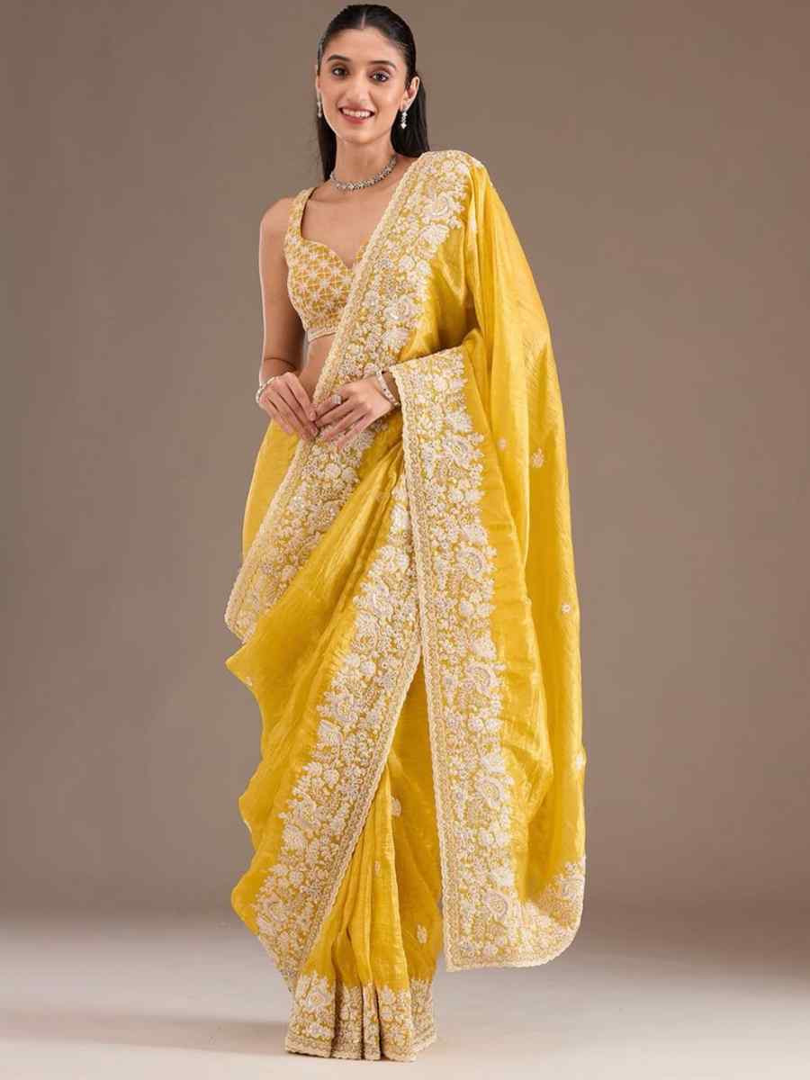 Yellow Premium Gold Crush Embroidered Festival Wedding Fancy Heavy Border Saree
