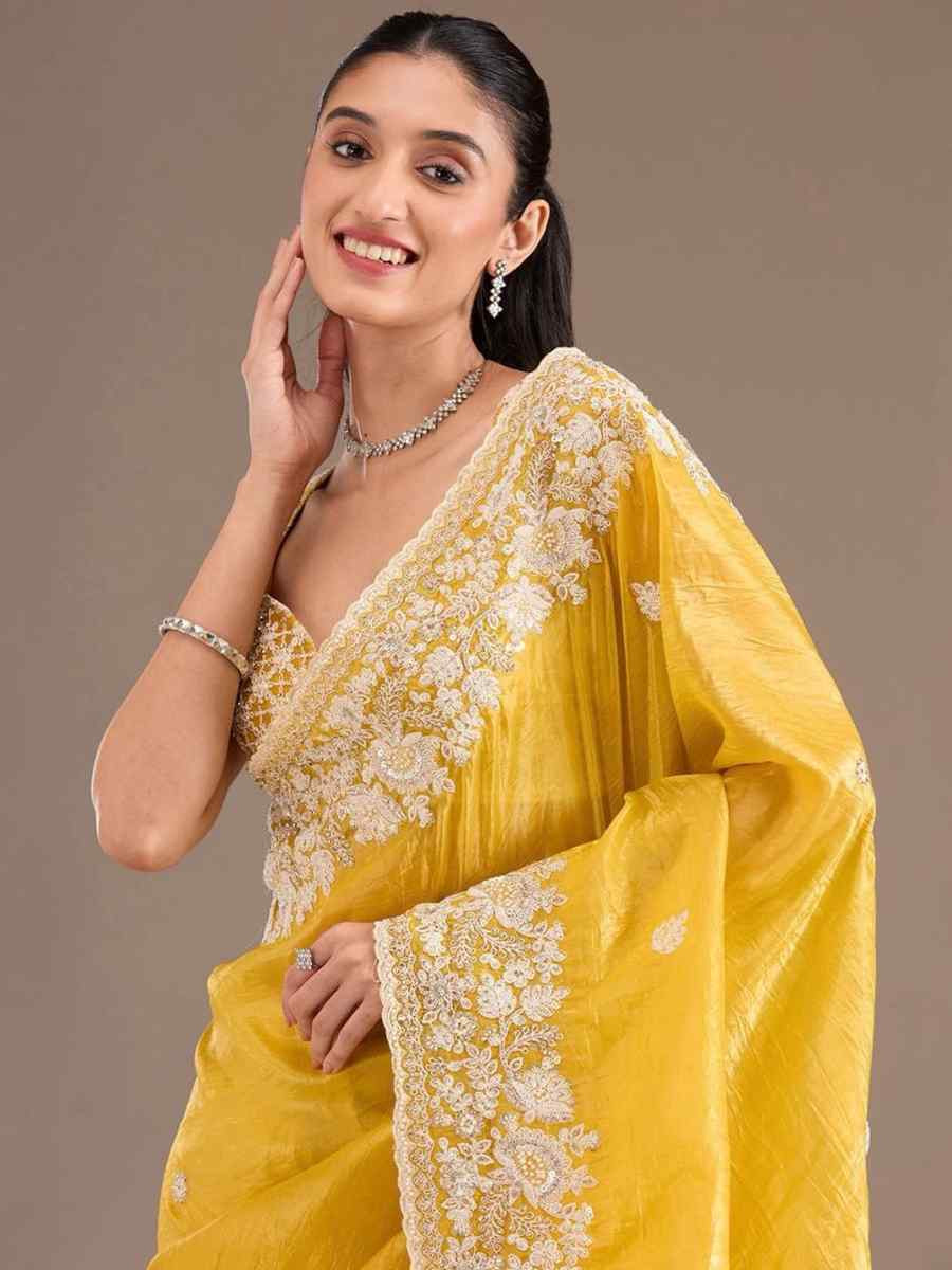 Yellow Premium Gold Crush Embroidered Festival Wedding Fancy Heavy Border Saree