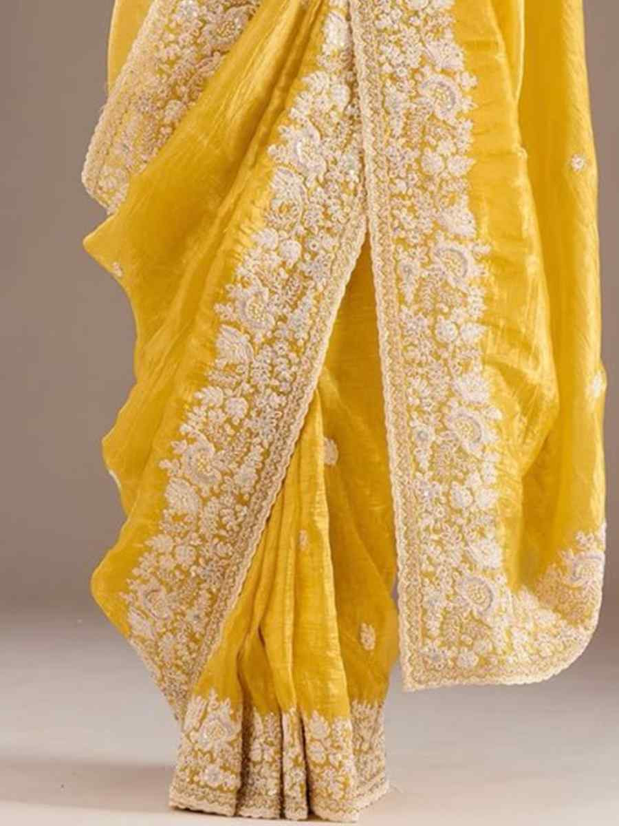Yellow Premium Gold Crush Embroidered Festival Wedding Fancy Heavy Border Saree