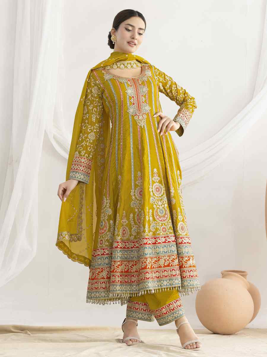 Yellow Premium Ho Silk Embroidery Party Wedding Festival Casual Ready Anarkali Salwar Kameez