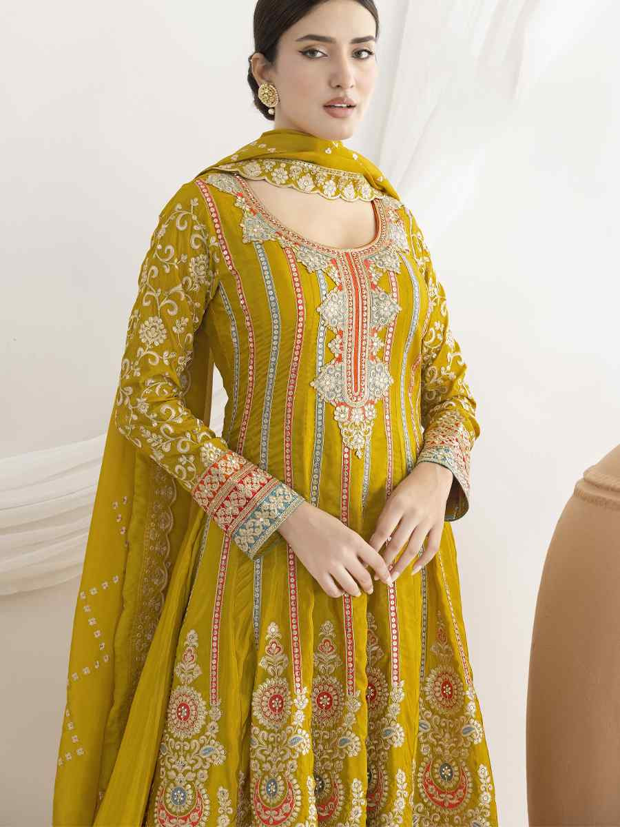 Yellow Premium Ho Silk Embroidery Party Wedding Festival Casual Ready Anarkali Salwar Kameez