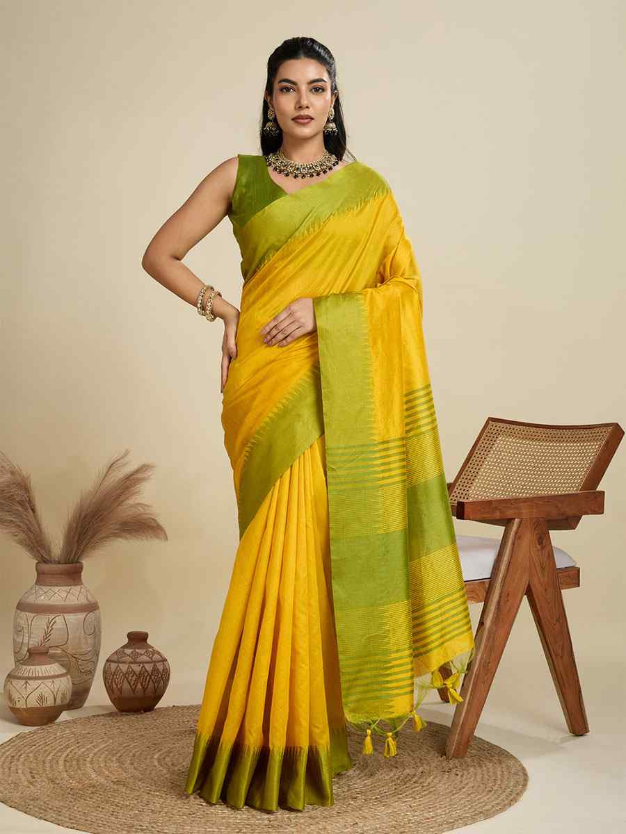 Yellow Premium Khadi Raw Silk Zari Handwoven Casual Reception Festival Wedding Fancy Classic Style Sarees
