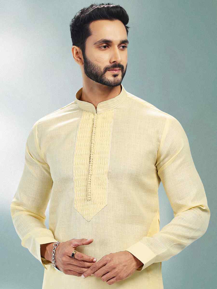 Yellow Premium Linen Cotton Woven Festival Party Kurta