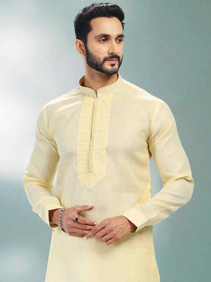 Yellow Premium Linen Cotton Woven Festival Party Kurta