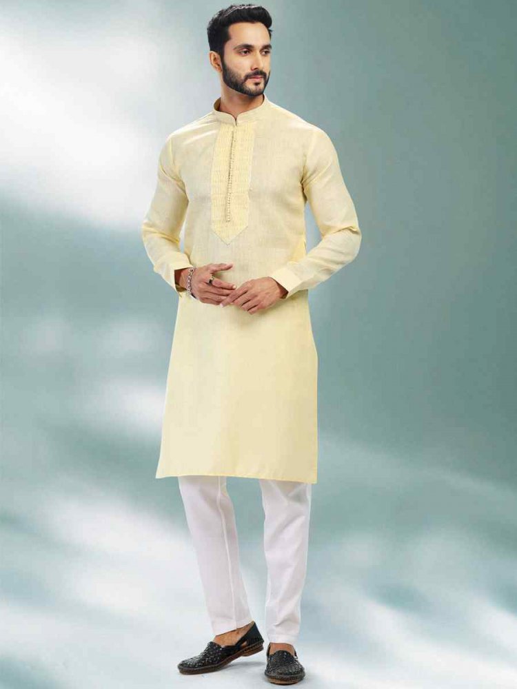 Yellow Premium Linen Cotton Woven Festival Party Kurta