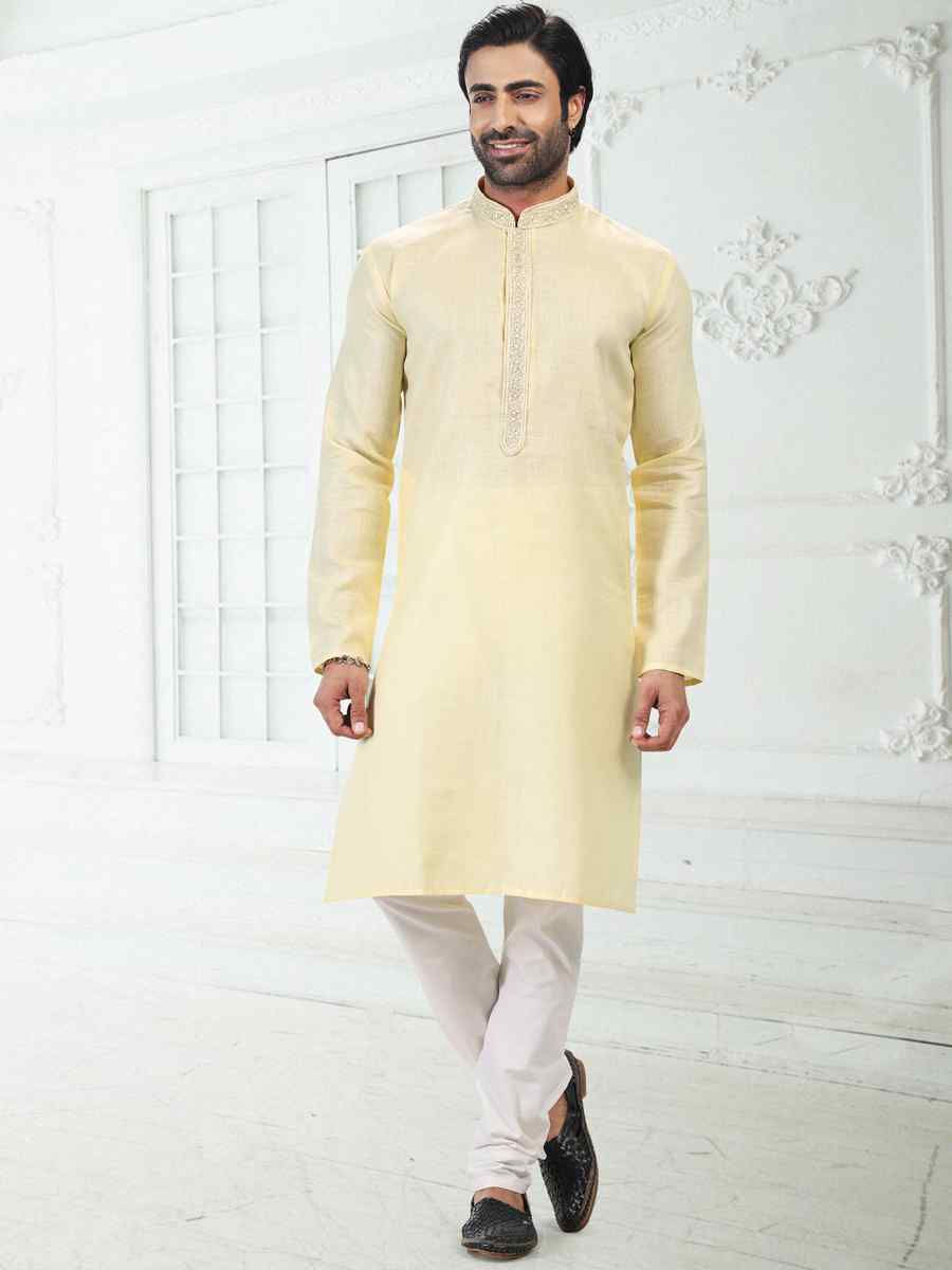 Yellow Premium Linen Cotton Woven Festival Wedding Kurta