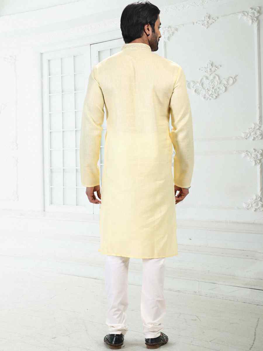 Yellow Premium Linen Cotton Woven Festival Wedding Kurta