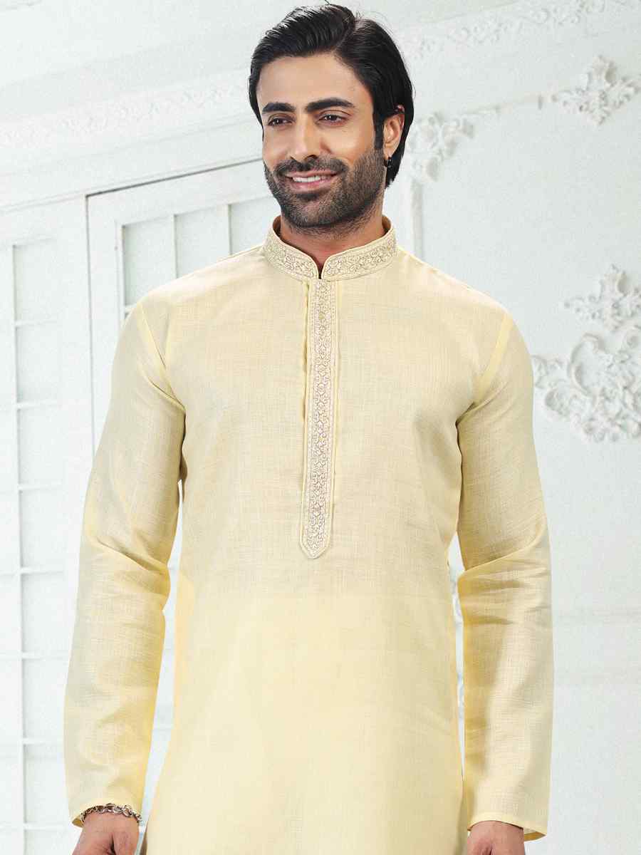 Yellow Premium Linen Cotton Woven Festival Wedding Kurta