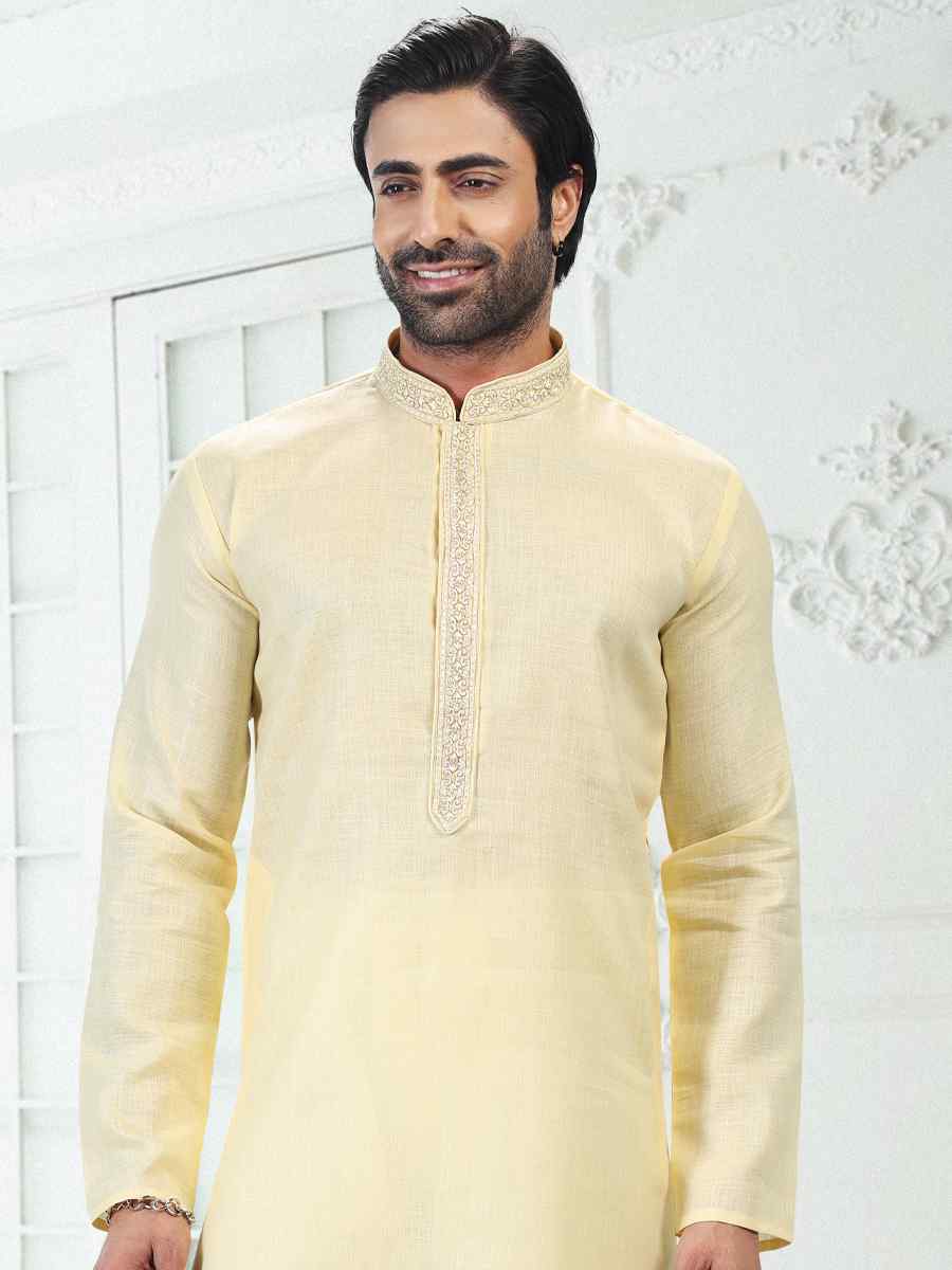 Yellow Premium Linen Cotton Woven Festival Wedding Kurta