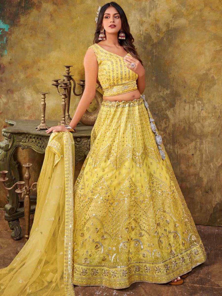 Yellow Premium Net Embroidered Bridesmaid Wedding Heavy Border Lehenga Choli