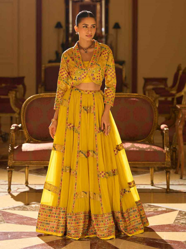 Image of Yellow Premium Real Georgette Embroidered Wedding Reception Festival Ready Heavy Border Shrug Lehenga Choli