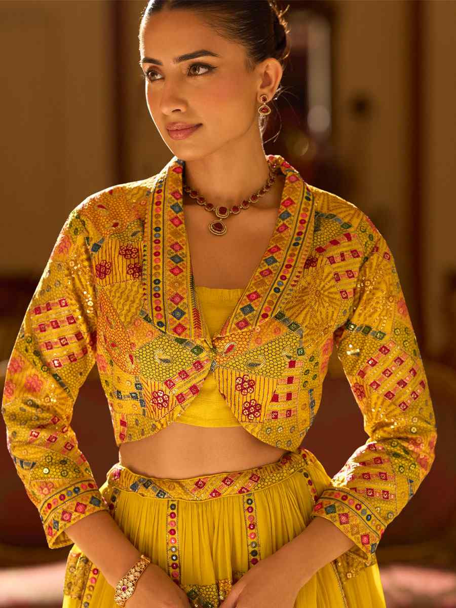 Yellow Premium Real Georgette Embroidered Wedding Reception Festival Ready Heavy Border Shrug Lehenga Choli