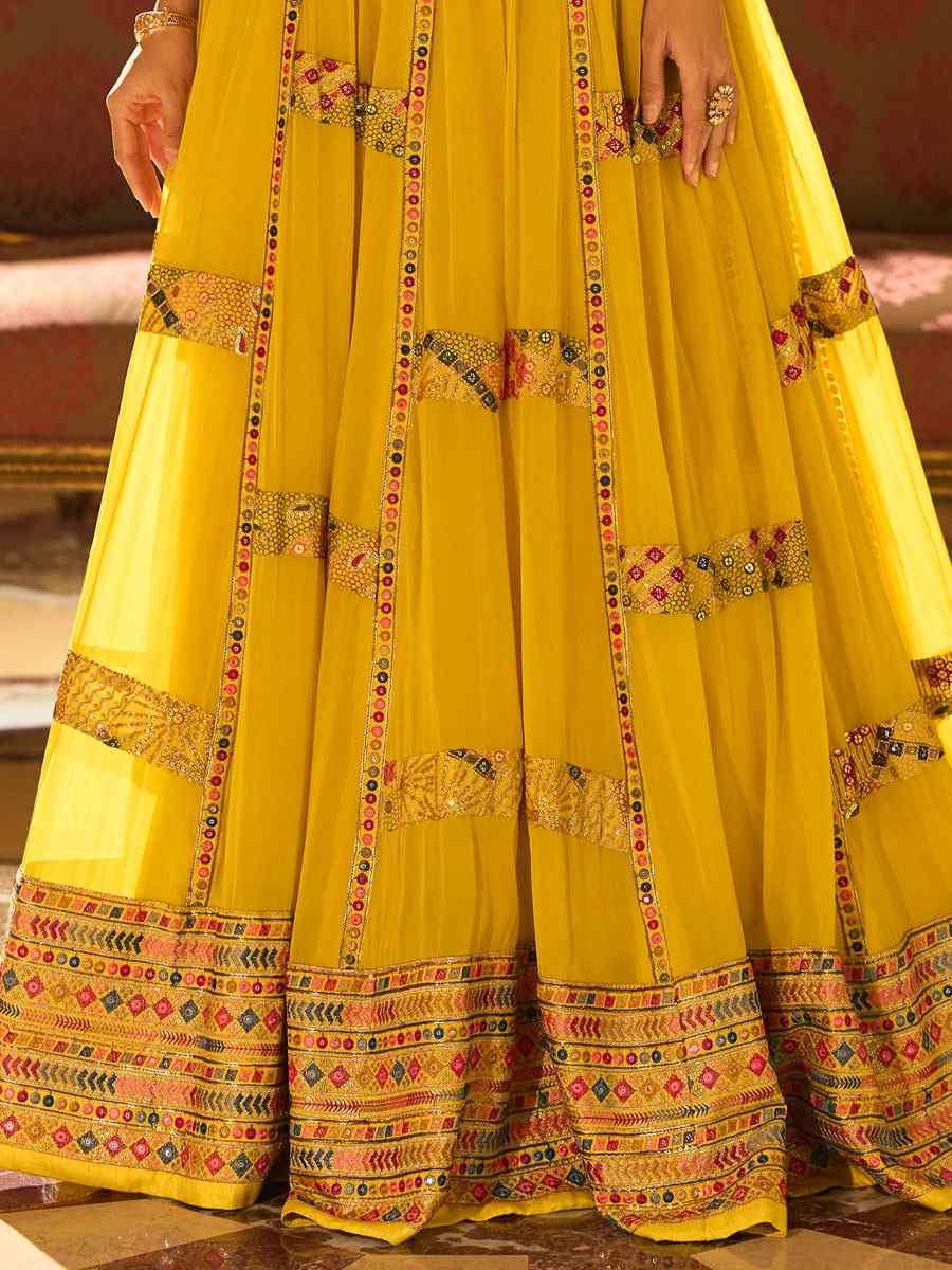 Yellow Premium Real Georgette Embroidered Wedding Reception Festival Ready Heavy Border Shrug Lehenga Choli