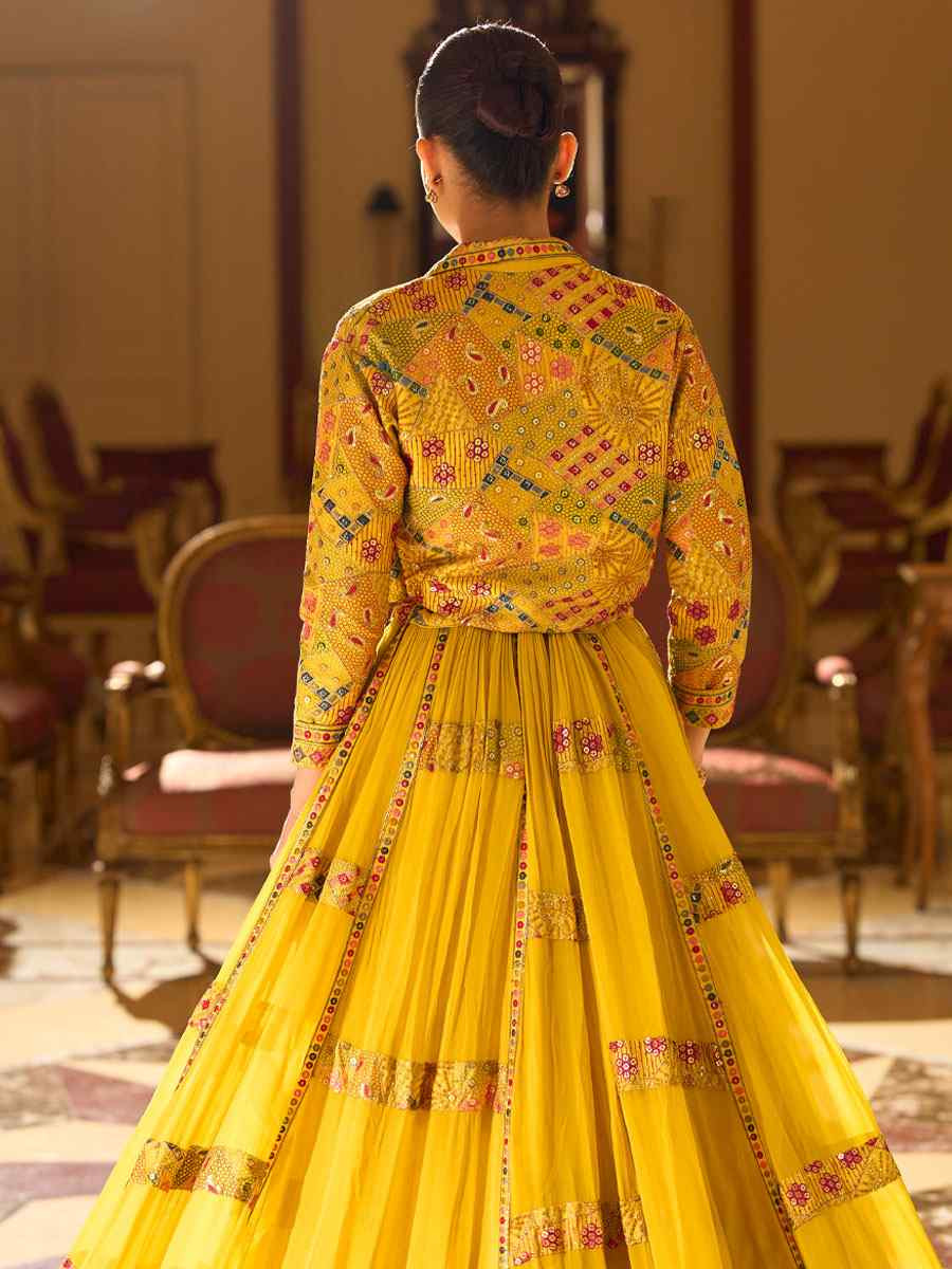 Yellow Premium Real Georgette Embroidered Wedding Reception Festival Ready Heavy Border Shrug Lehenga Choli
