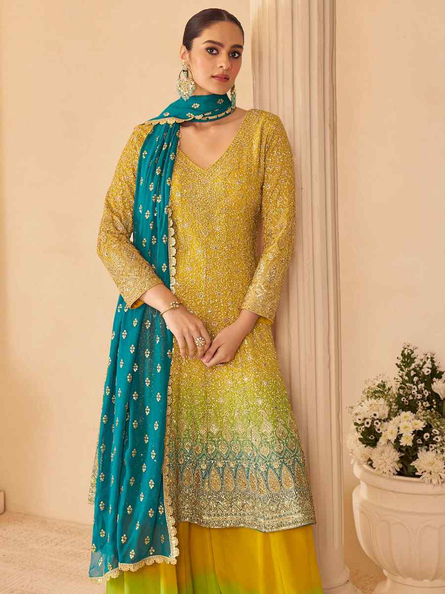 Yellow Premium Real Gerogette Embroidered Party Wedding Ready Palazzo Pant Salwar Kameez