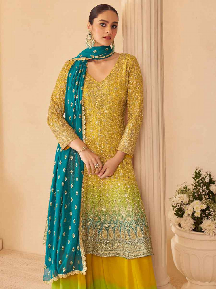 Image of Yellow Premium Real Gerogette Embroidered Party Wedding Ready Palazzo Pant Salwar Kameez