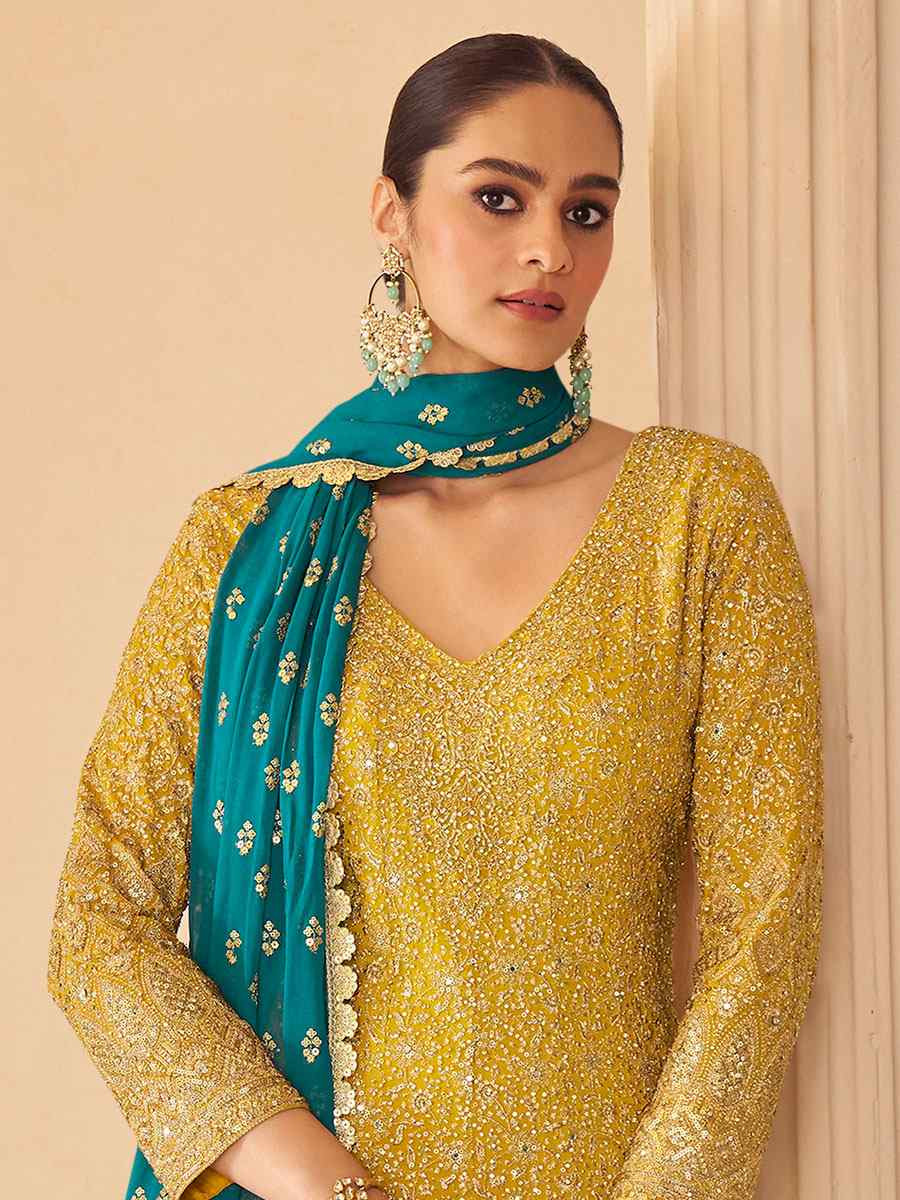 Yellow Premium Real Gerogette Embroidered Party Wedding Ready Palazzo Pant Salwar Kameez