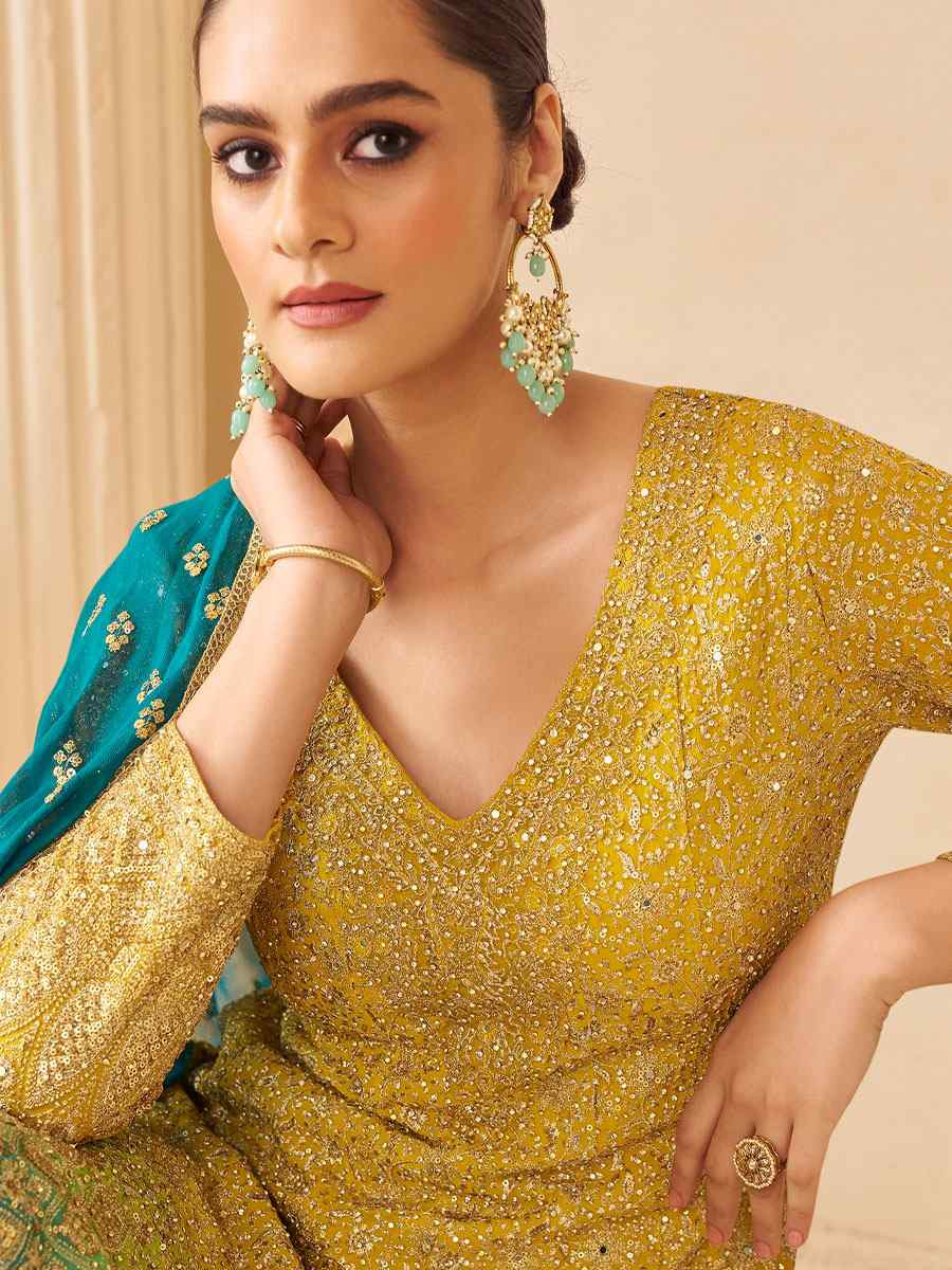 Yellow Premium Real Gerogette Embroidered Party Wedding Ready Palazzo Pant Salwar Kameez