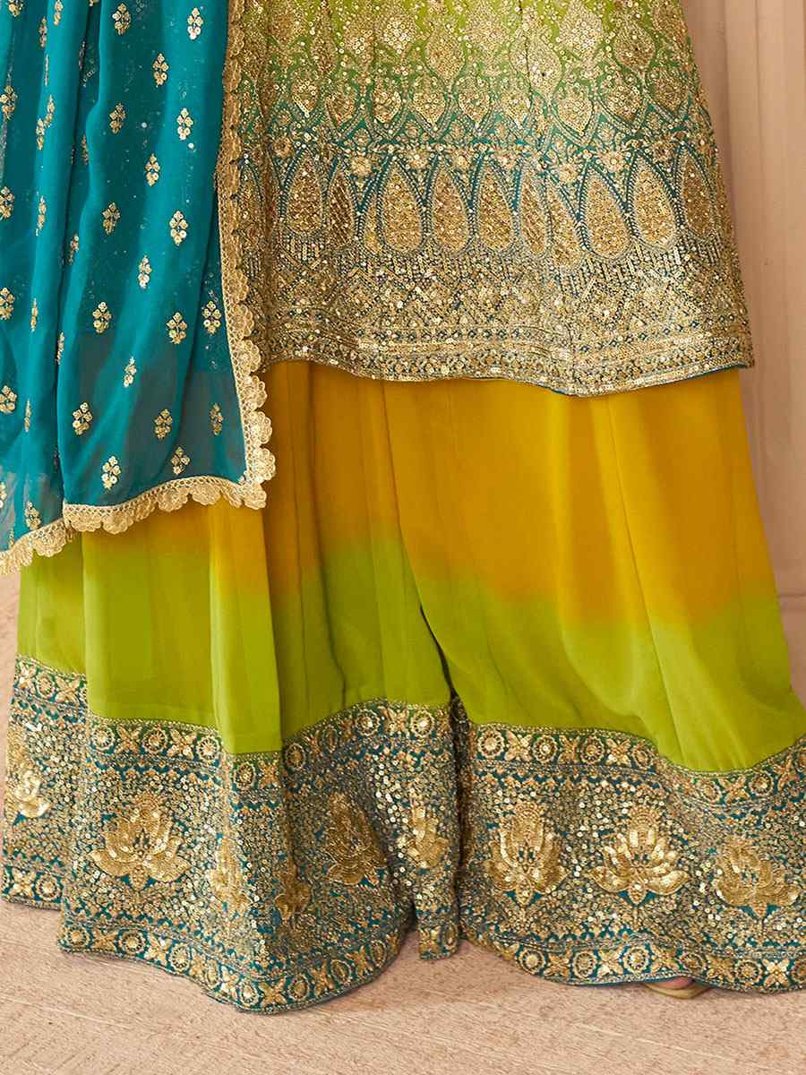 Yellow Premium Real Gerogette Embroidered Party Wedding Ready Palazzo Pant Salwar Kameez
