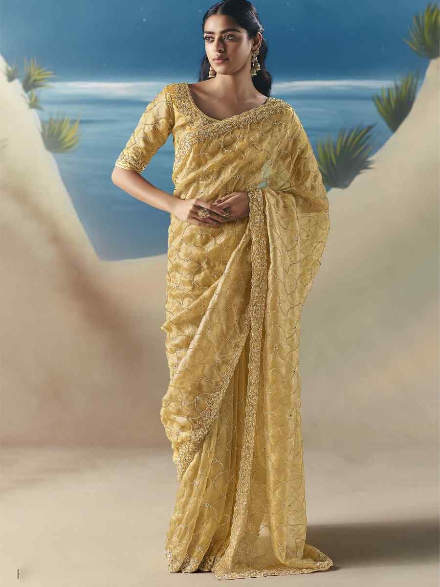 Yellow Premium Satin Organza Embroidery Traditional Bridal Reception Festival Wedding Fancy Heavy Border Saree