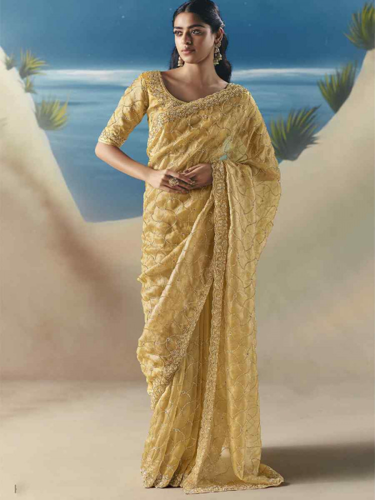 Image of Yellow Premium Satin Organza Embroidery Traditional Bridal Reception Festival Wedding Fancy Heavy Border Saree