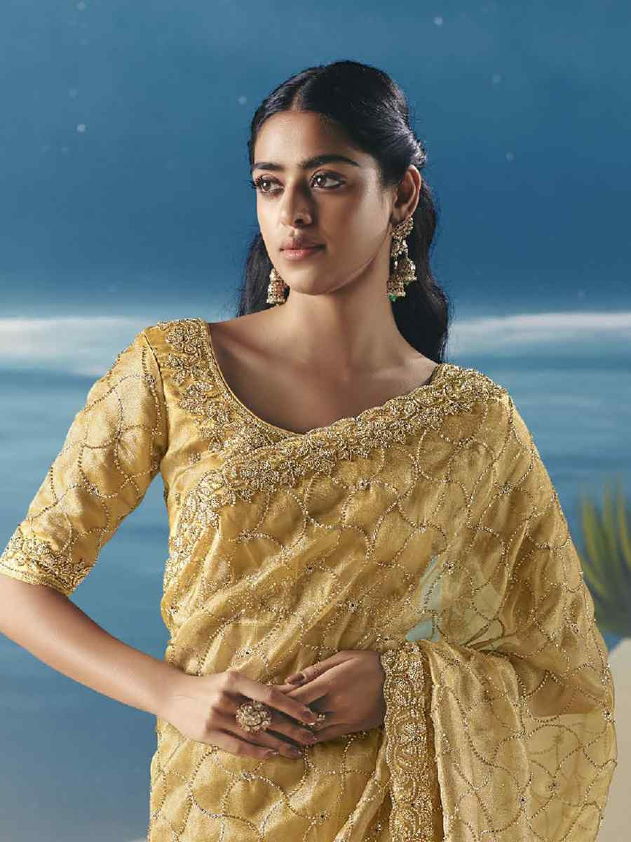 Yellow Premium Satin Organza Embroidery Traditional Bridal Reception Festival Wedding Fancy Heavy Border Saree
