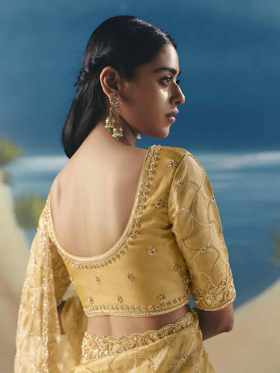 Yellow Premium Satin Organza Embroidery Traditional Bridal Reception Festival Wedding Fancy Heavy Border Saree