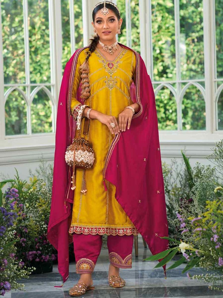 Yellow Premium Silk Embroidered Festival Mehendi Ready Patiala Salwar Kameez