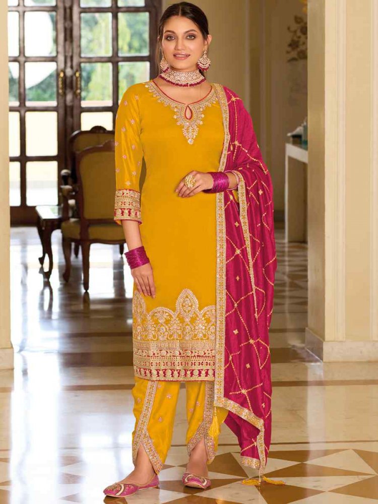 Yellow Premium Silk Embroidered Festival Mehendi Ready Patiala Salwar Kameez