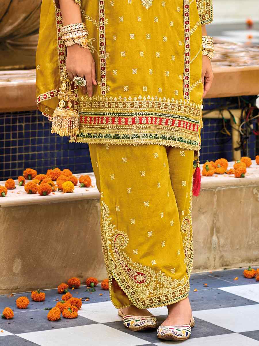 Yellow Premium Silk Embroidered Festival Mehendi Ready Patiala Salwar Kameez