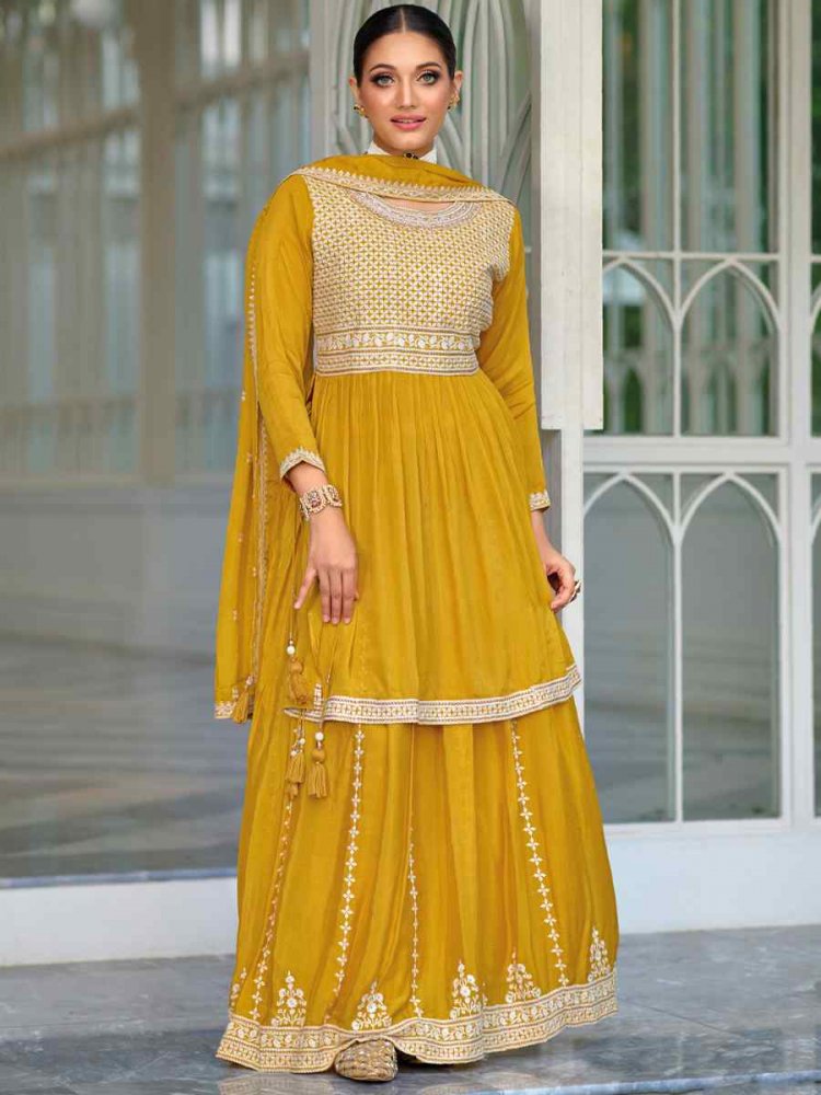 Yellow Premium Silk Embroidered Festival Party Ready Sharara Pant Salwar Kameez