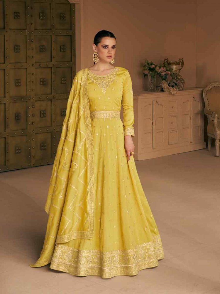 Yellow Premium Silk Embroidered Festival Wedding Anarkali Salwar Kameez