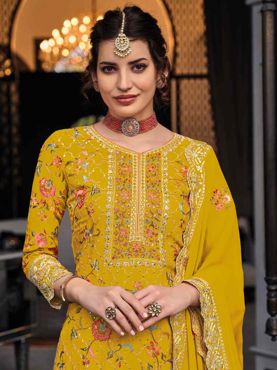 Yellow Premium Silk Embroidered Festival Wedding Palazzo Pant Salwar Kameez