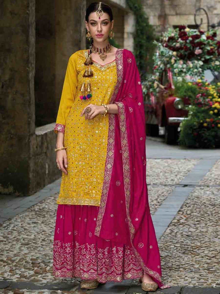 Yellow Premium Silk Embroidered Festival Wedding Palazzo Pant Salwar Kameez