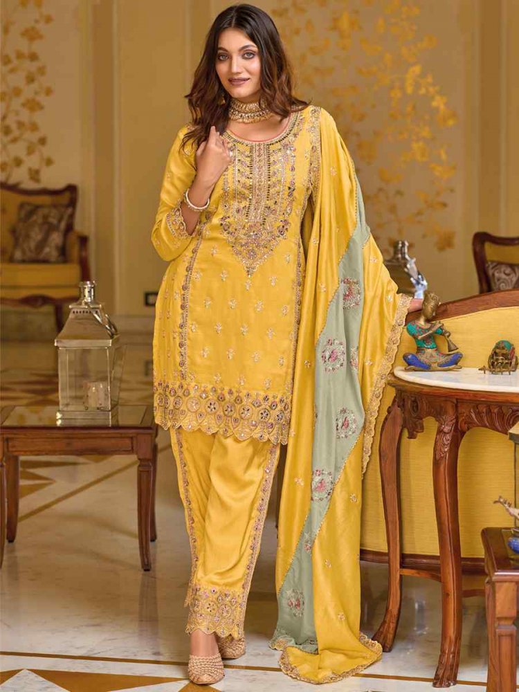 Yellow Premium Silk Embroidered Festival Wedding Pant Salwar Kameez