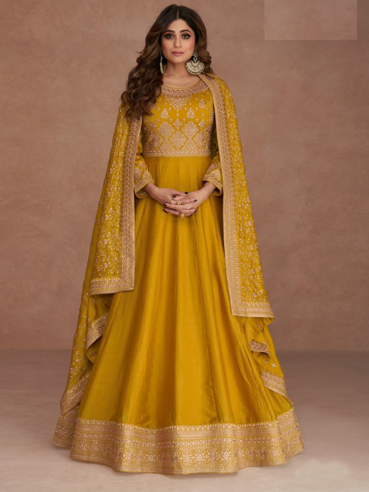 Yellow Premium Silk Embroidered Wedding Party Anarkali Bollywood Style Salwar Kameez