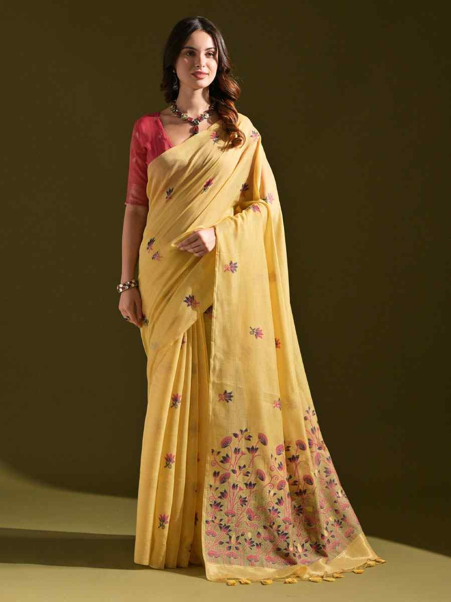 Yellow Premium Soft Muga Cotton Handwoven Casual Reception Festival Wedding Fancy Classic Style Sarees