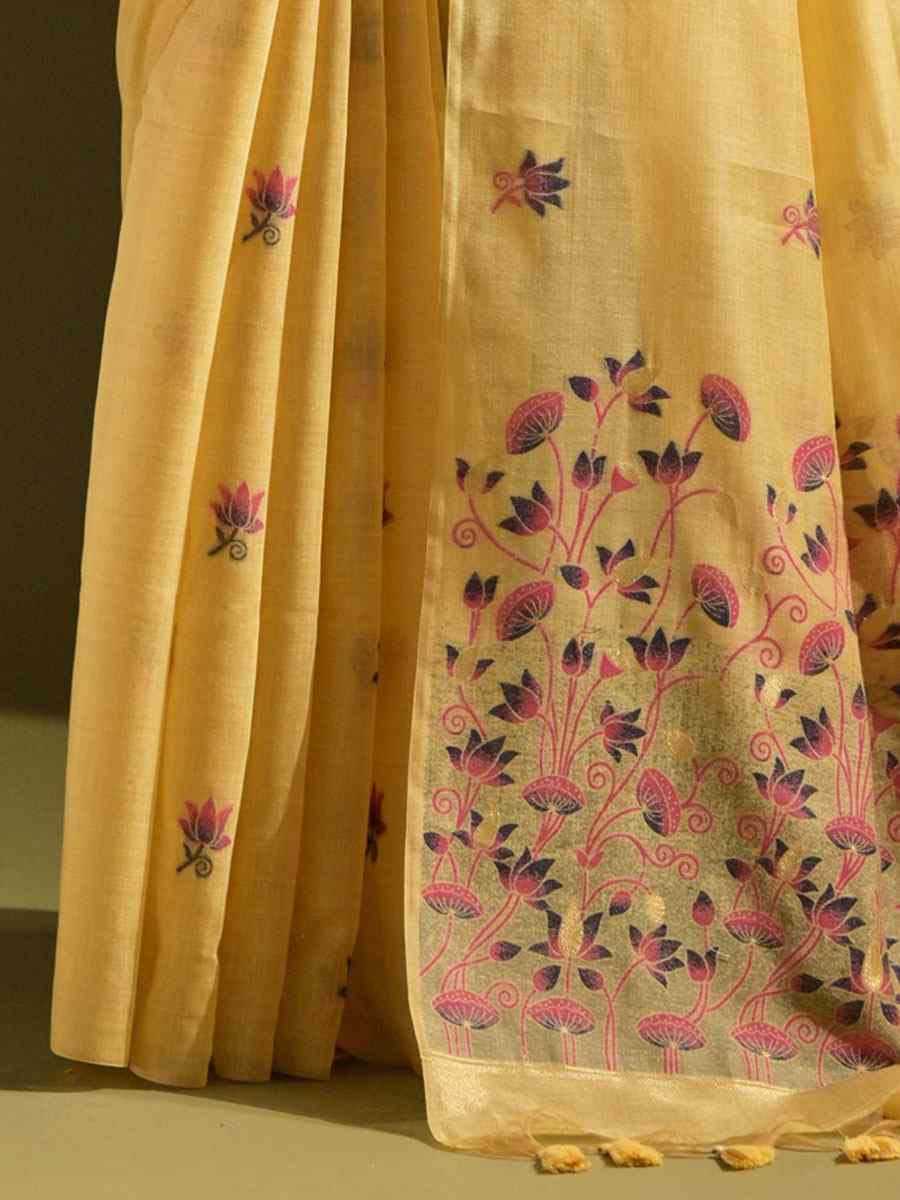 Yellow Premium Soft Muga Cotton Handwoven Casual Reception Festival Wedding Fancy Classic Style Sarees