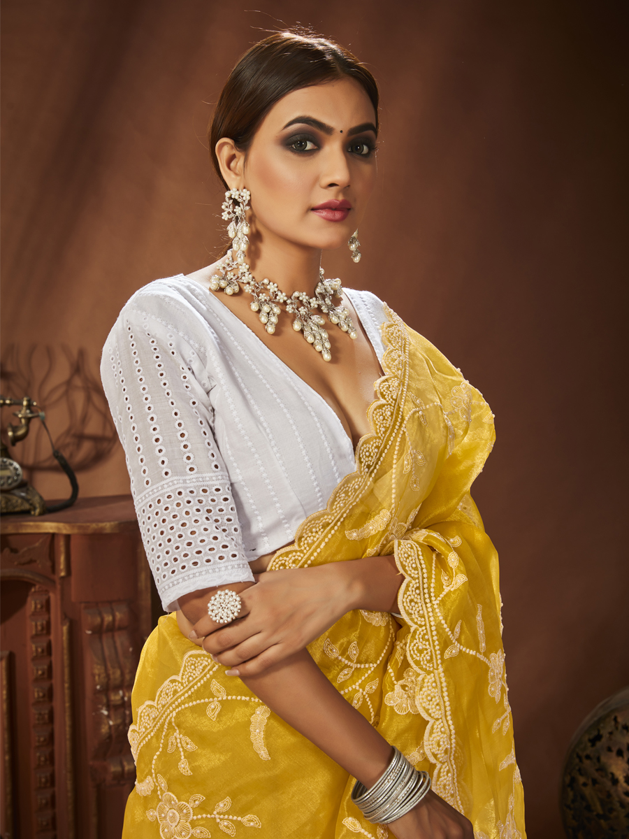 Yellow Premiume Organza Embroidered Party Festival Classic Style Saree
